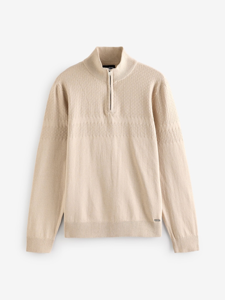 Threadbare Brown Long Sleeve Textured Knitted Quarter Zip Jumper - Image 5 of 5