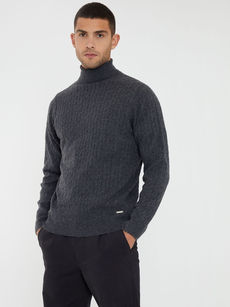 Threadbare Grey Cable Knit Roll Neck Jumper - Image 1 of 4 Threadbare Grey Cable Knit Roll Neck Jumper - Image 1 of 4