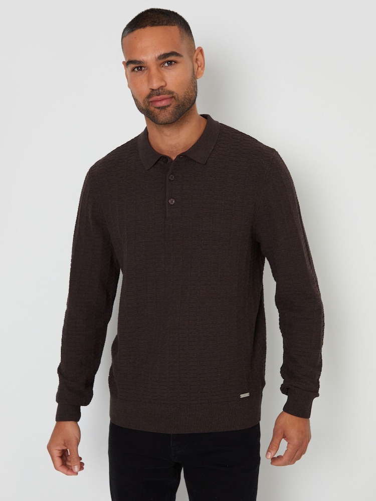Threadbare Light Brown Long Sleeve Textured Knit Polo Collar Jumper - Image 1 of 4