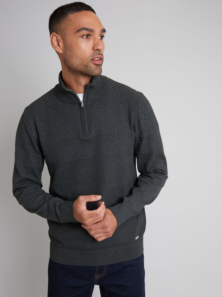 Threadbare Grey Long Sleeve Textured Knitted Quarter Zip Jumper - Image 1 of 4