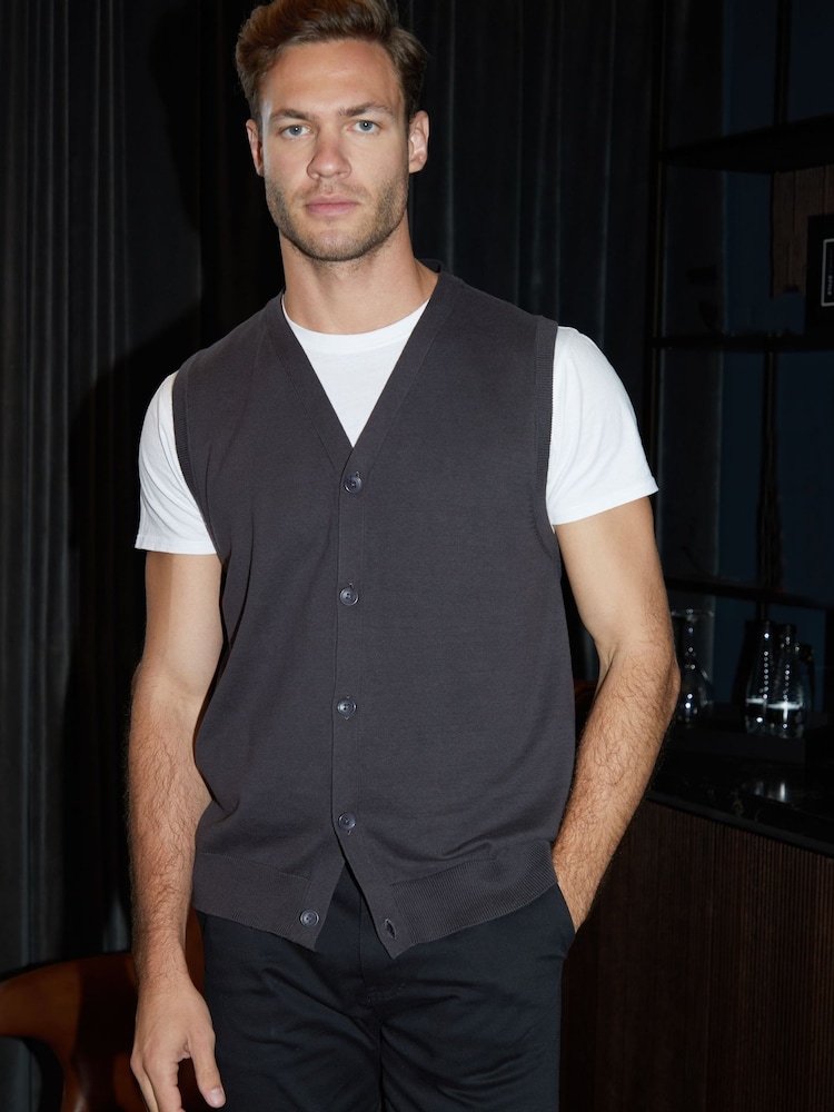 Threadbare Grey 100% Cotton Button Up Knitted Waistcoat - Image 3 of 4