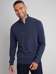 Threadbare Blue Textured Stripe Detail Quarter Zip Jumper - Image 1 of 4