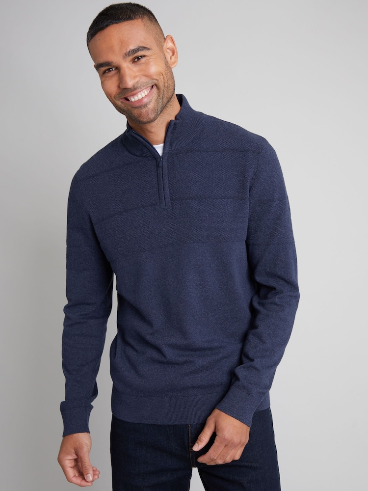 Threadbare Blue Textured Stripe Detail Quarter Zip Jumper - Image 1 of 4