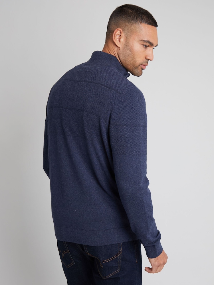 Threadbare Blue Textured Stripe Detail Quarter Zip Jumper - Image 2 of 4