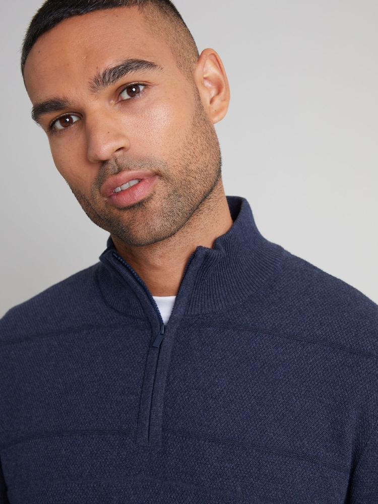 Threadbare Blue Textured Stripe Detail Quarter Zip Jumper - Image 4 of 4
