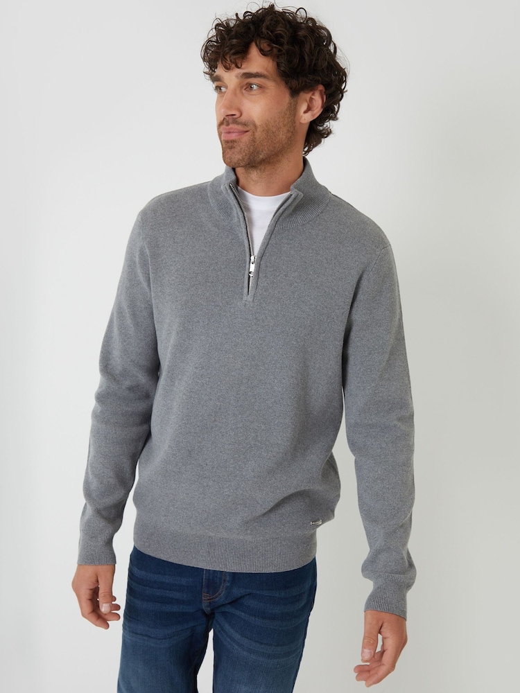 Threadbare Grey Cotton Blend Knitted Quarter Zip Jumper - Image 1 of 4 Threadbare Grey Cotton Blend Knitted Quarter Zip Jumper - Image 1 of 4