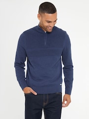 Threadbare Blue Rib Detail Knitted Quarter Zip Jumper - Image 1 of 4