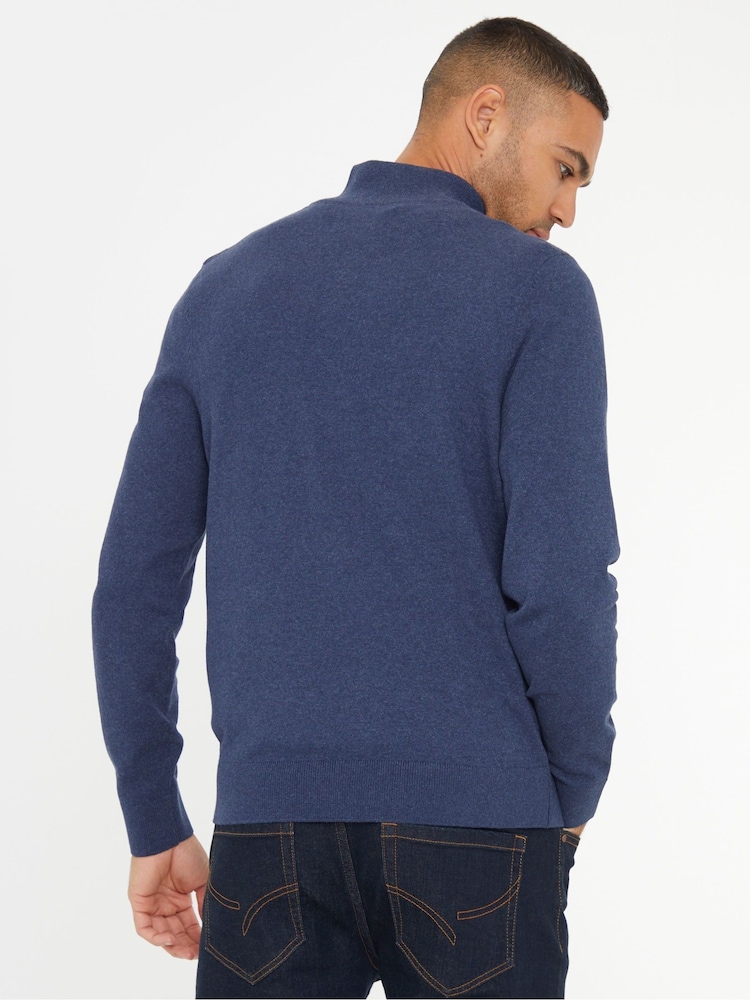 Threadbare Blue Rib Detail Knitted Quarter Zip Jumper - Image 2 of 4