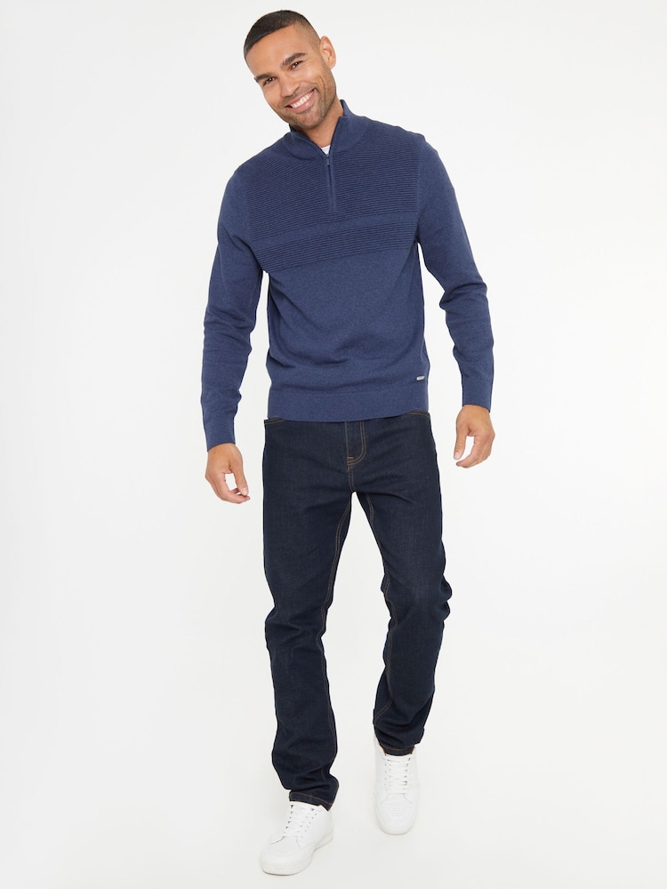 Threadbare Blue Rib Detail Knitted Quarter Zip Jumper - Image 3 of 4