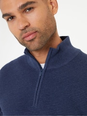 Threadbare Blue Rib Detail Knitted Quarter Zip Jumper - Image 4 of 4