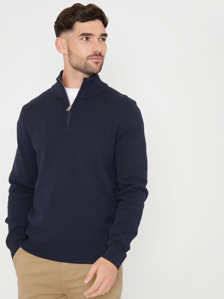 Threadbare Blue Cotton Blend Knitted Quarter Zip Jumper - Image 1 of 4 Threadbare Blue Cotton Blend Knitted Quarter Zip Jumper - Image 1 of 4