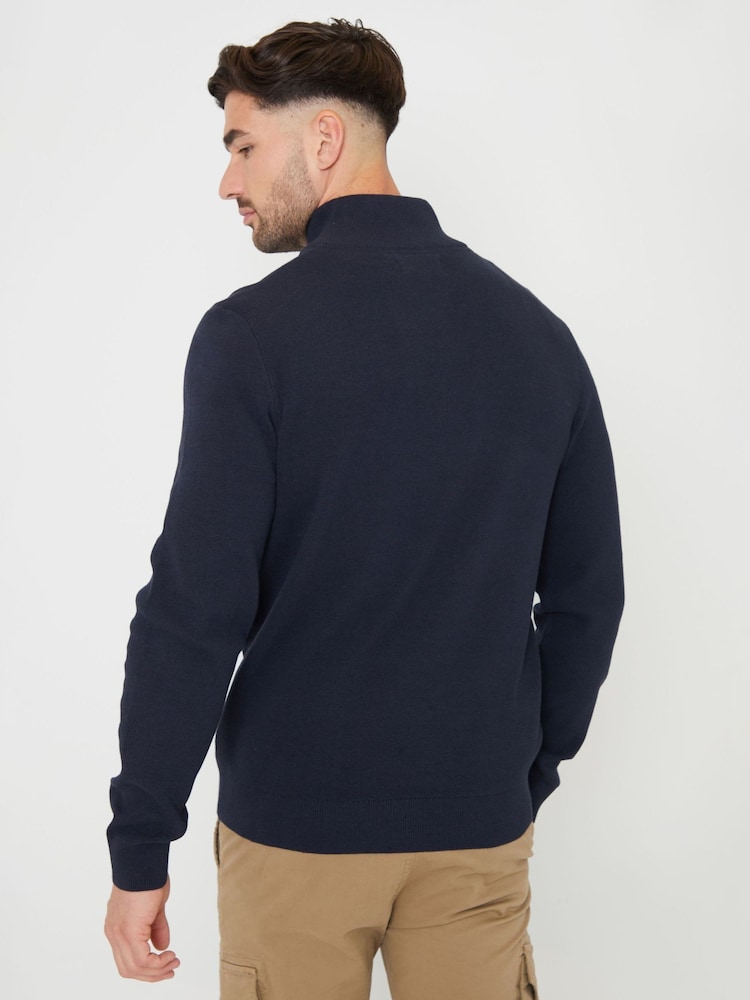 Threadbare Blue Cotton Blend Knitted Quarter Zip Jumper - Image 2 of 4 Threadbare Blue Cotton Blend Knitted Quarter Zip Jumper - Image 2 of 4