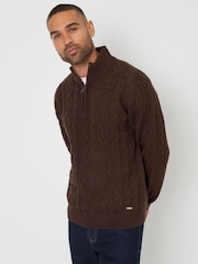 Threadbare Dark Brown Cable Knit Quarter Zip Jumper With Wool - Image 1 of 4