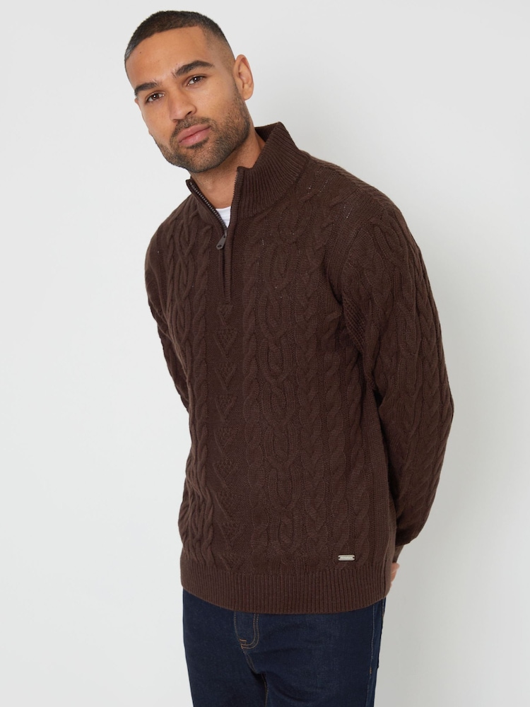 Threadbare Dark Brown Cable Knit Quarter Zip Jumper With Wool - Image 1 of 4