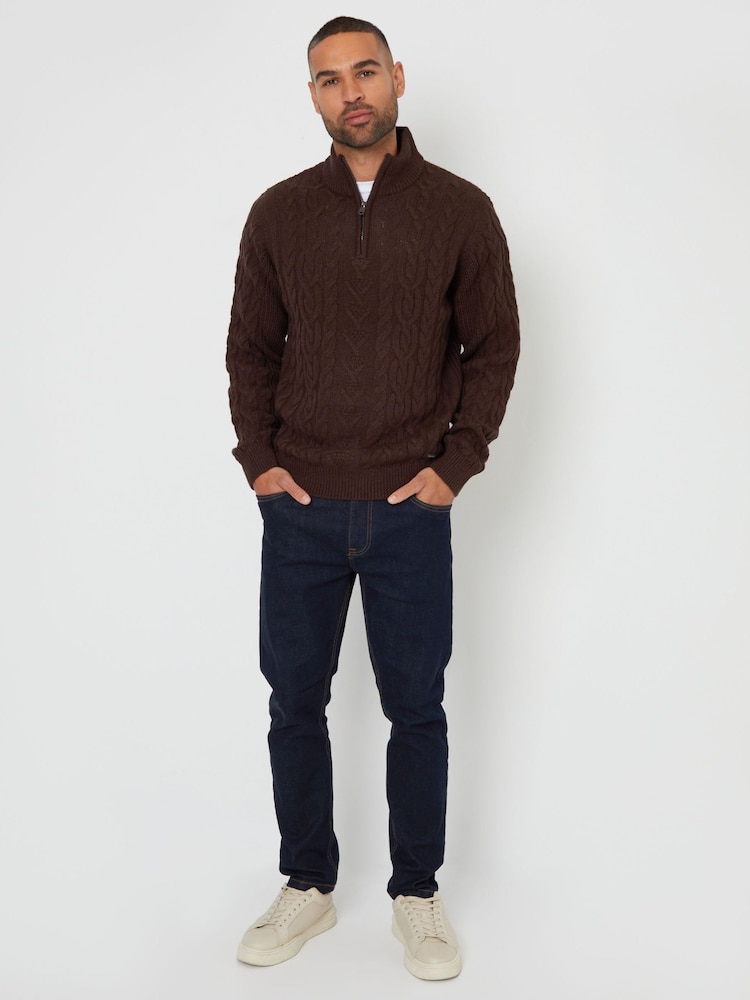 Threadbare Dark Brown Cable Knit Quarter Zip Jumper With Wool - Image 3 of 4