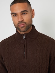 Threadbare Dark Brown Cable Knit Quarter Zip Jumper With Wool - Image 4 of 4