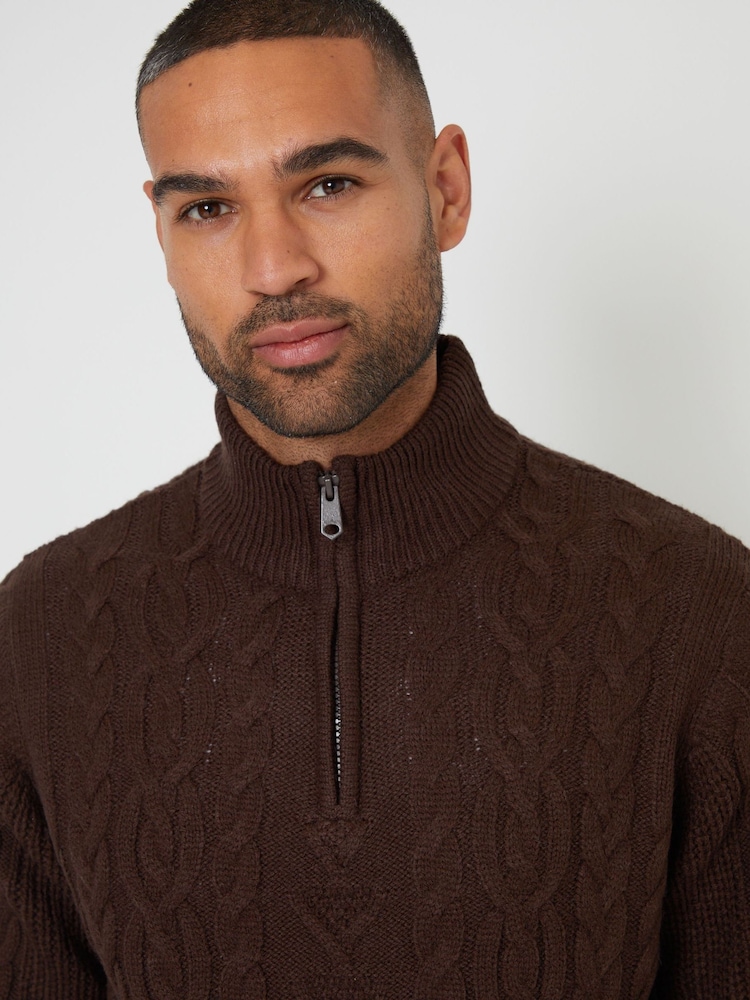 Threadbare Dark Brown Cable Knit Quarter Zip Jumper With Wool - Image 4 of 4