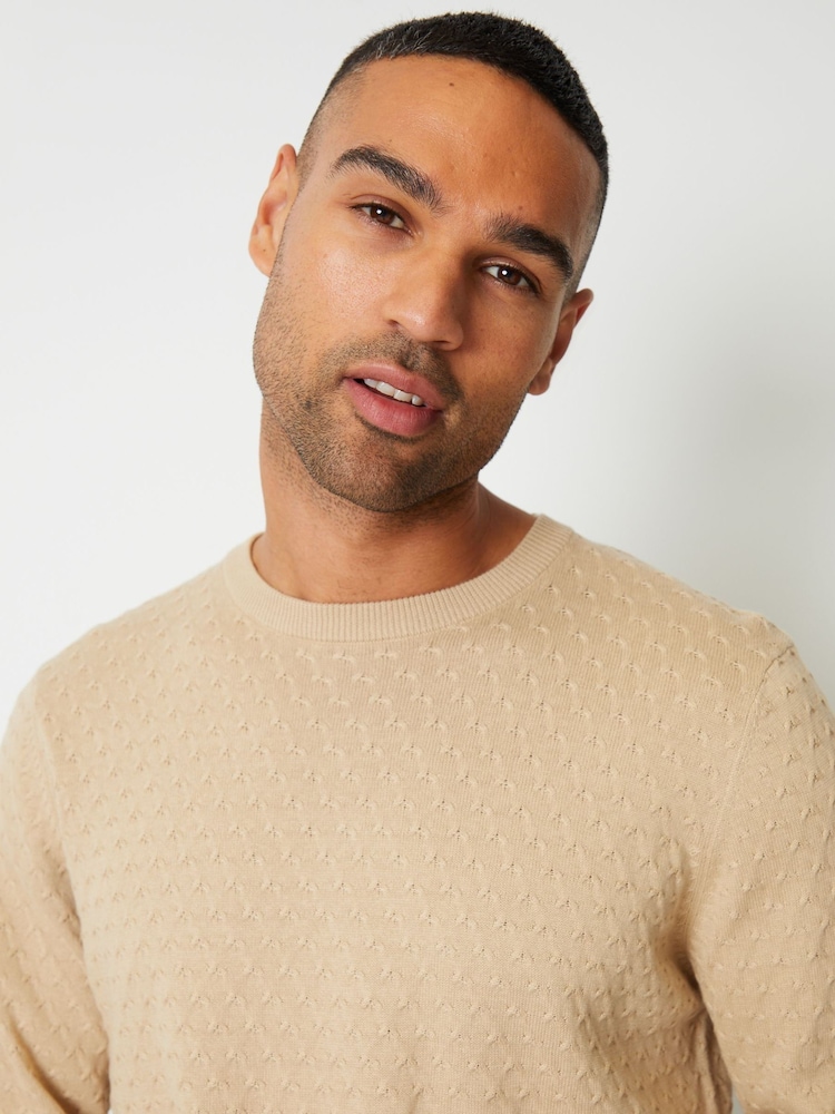 Threadbare Stone Mini Cable Textured Knit Crew Neck 100% Cotton Jumper - Image 4 of 4