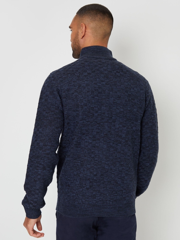 Threadbare Navy Blue Textured Quarter Zip Jumper With Wool - Image 2 of 4