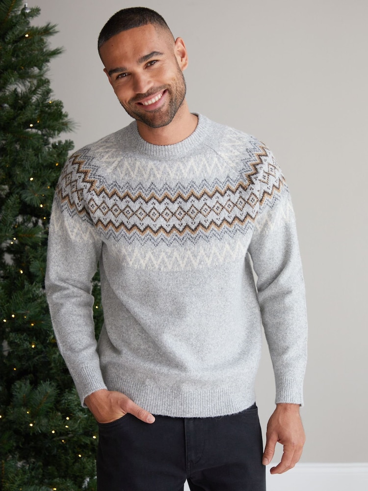 Threadbare Grey Raglan Sleeve Fairisle Pattern Christmas Jumper - Image 1 of 4