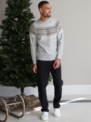 Threadbare Grey Raglan Sleeve Fairisle Pattern Christmas Jumper - Image 3 of 4