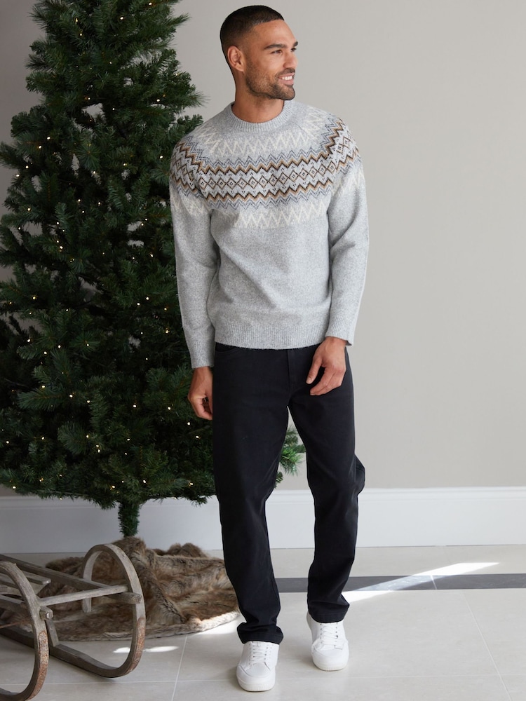 Threadbare Grey Raglan Sleeve Fairisle Pattern Christmas Jumper - Image 3 of 4