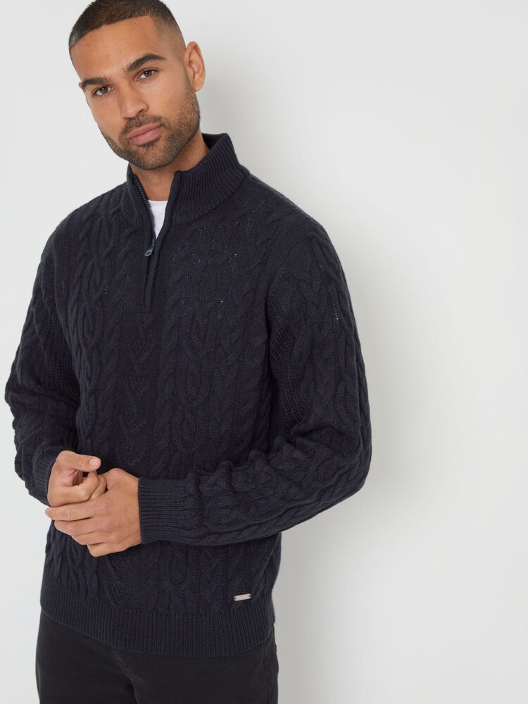 Threadbare Blue Cable Knit Quarter Zip Jumper With Wool - Image 1 of 4 Threadbare Blue Cable Knit Quarter Zip Jumper With Wool - Image 1 of 4
