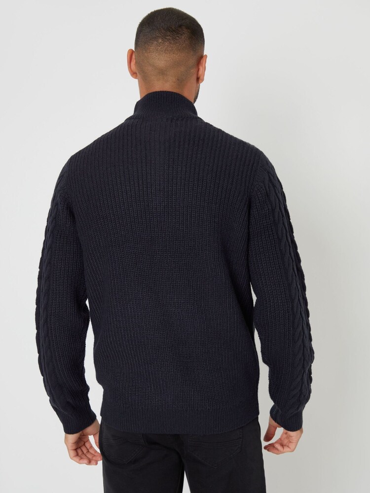 Threadbare Blue Cable Knit Quarter Zip Jumper With Wool - Image 2 of 4 Threadbare Blue Cable Knit Quarter Zip Jumper With Wool - Image 2 of 4