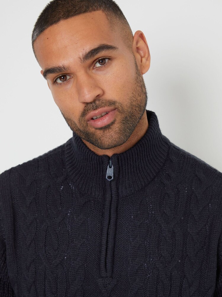 Threadbare Blue Cable Knit Quarter Zip Jumper With Wool - Image 4 of 4 Threadbare Blue Cable Knit Quarter Zip Jumper With Wool - Image 4 of 4