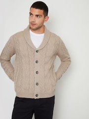 Threadbare Brown Cable Knit Shawl Collar Cardigan With Wool - Image 1 of 4