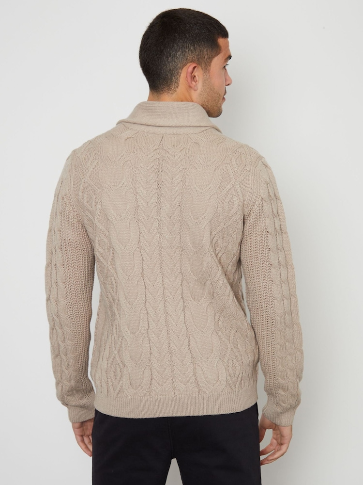 Threadbare Brown Cable Knit Shawl Collar Cardigan With Wool - Image 2 of 4