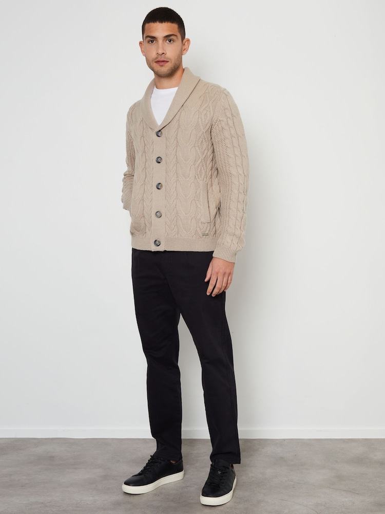 Threadbare Brown Cable Knit Shawl Collar Cardigan With Wool - Image 3 of 4