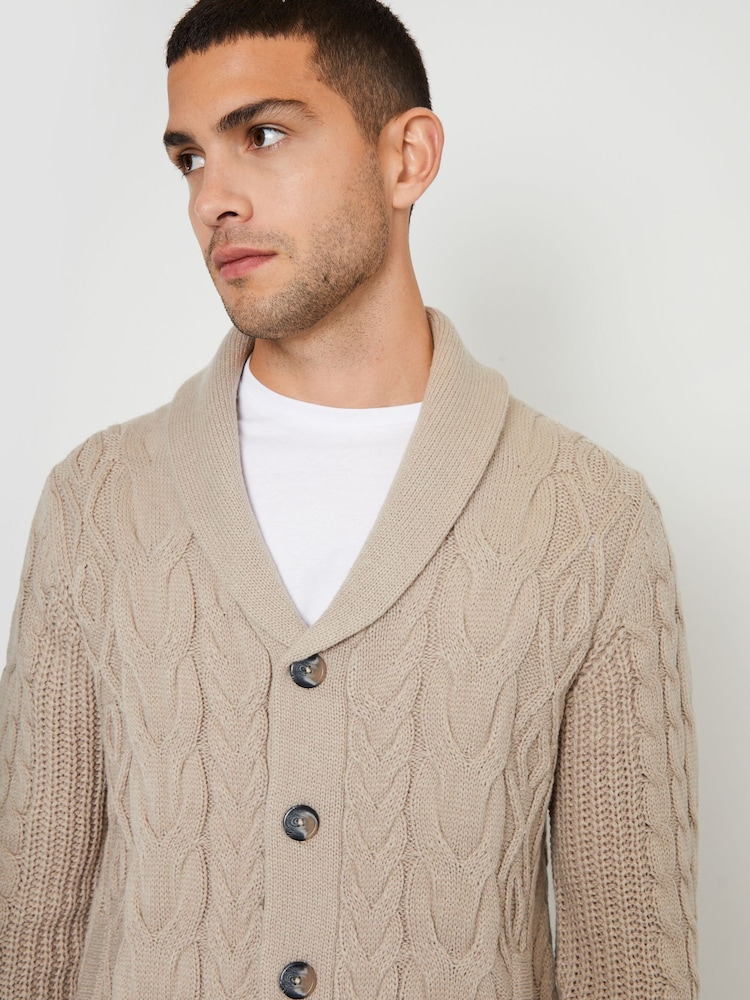 Threadbare Brown Cable Knit Shawl Collar Cardigan With Wool - Image 4 of 4