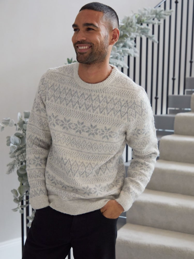 Threadbare Light Grey Crew Neck Fairisle Pattern Christmas Jumper - Image 1 of 4