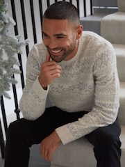 Threadbare Light Grey Crew Neck Fairisle Pattern Christmas Jumper - Image 3 of 4
