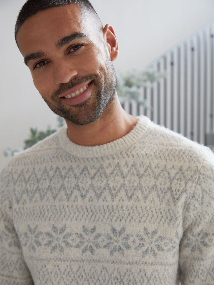 Threadbare Light Grey Crew Neck Fairisle Pattern Christmas Jumper - Image 4 of 4