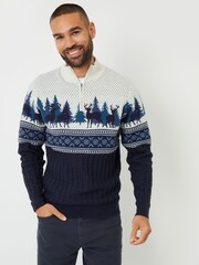 Threadbare Blue Fairisle Pattern Cable Knit Quarter Zip Christmas Jumper - Image 1 of 4