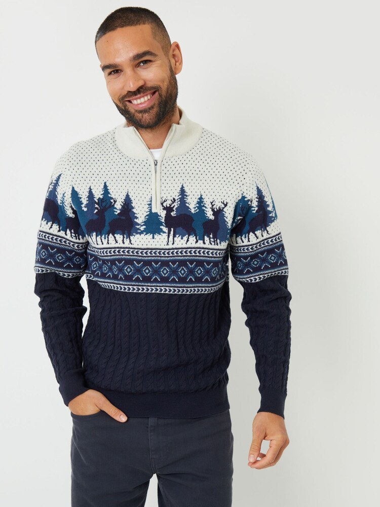 Threadbare Blue Fairisle Pattern Cable Knit Quarter Zip Christmas Jumper - Image 1 of 4