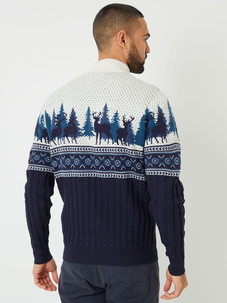 Threadbare Blue Fairisle Pattern Cable Knit Quarter Zip Christmas Jumper - Image 2 of 4