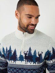 Threadbare Blue Fairisle Pattern Cable Knit Quarter Zip Christmas Jumper - Image 4 of 4