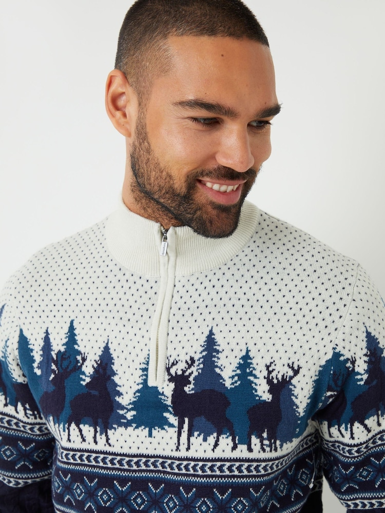 Threadbare Blue Fairisle Pattern Cable Knit Quarter Zip Christmas Jumper - Image 4 of 4