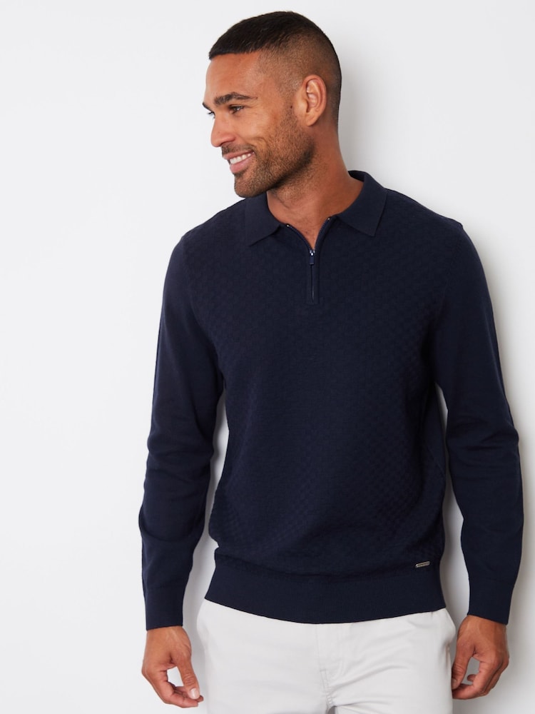 Threadbare Navy Long Sleeve Quarter Zip Knitted Polo Jumper - Image 1 of 4 Threadbare Navy Long Sleeve Quarter Zip Knitted Polo Jumper - Image 1 of 4