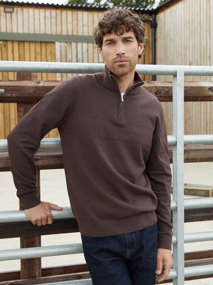Schokoladenbraun - Threadbare langärmeliger, strukturierter Strickpullover mit Viertelreißverschluss - Bild 1 von 4 Schokoladenbraun - Threadbare langärmeliger, strukturierter Strickpullover mit Viertelreißverschluss - Bild 1 von 4