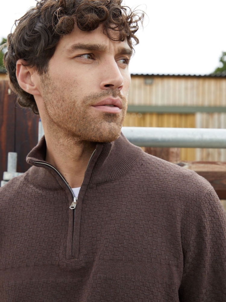 Threadbare Chocolate Brown Long Sleeve Textured Knitted Quarter Zip Jumper - Image 4 of 4