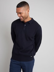 Threadbare Navy Blue Long Sleeve Knitted Polo Jumper - Image 1 of 4
