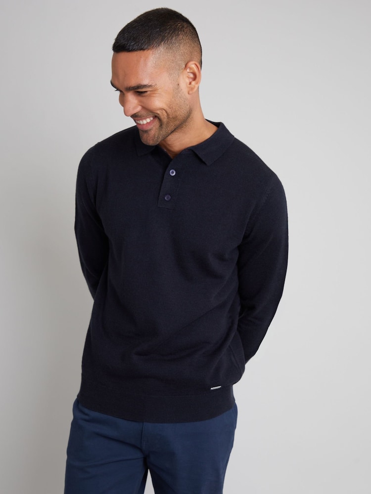 Threadbare Navy Blue Long Sleeve Knitted Polo Jumper - Image 1 of 4