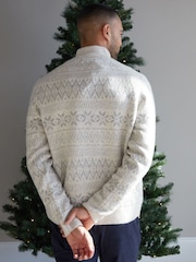 Threadbare Grey Fairisle Pattern Quarter Zip Christmas Jumper - Image 2 of 4