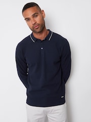Threadbare Navy Blue Textured Knitted Long Sleeve Polo Jumper - Image 1 of 4