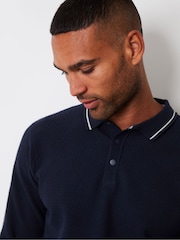 Threadbare Navy Blue Textured Knitted Long Sleeve Polo Jumper - Image 4 of 4