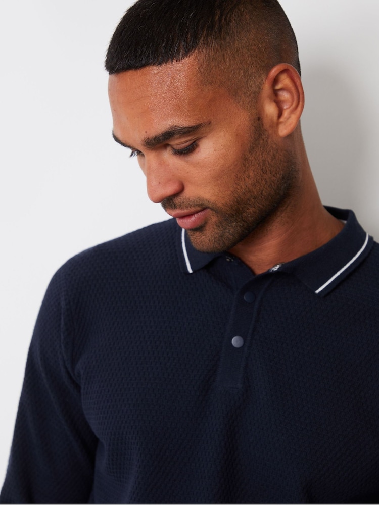 Threadbare Navy Blue Textured Knitted Long Sleeve Polo Jumper - Image 4 of 4